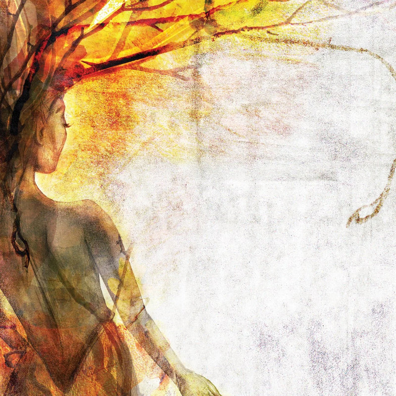 Mixed media artistic collage of a tree nymph dryad with warm colours and natural elements of leaves and twigs. Inspired by Greek Mythology.