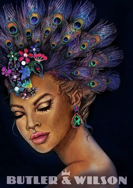 Artistic poster design of a woman with a Swarovski crystal Butler & Wilson peacock brooch and feather headdress against a dark background.