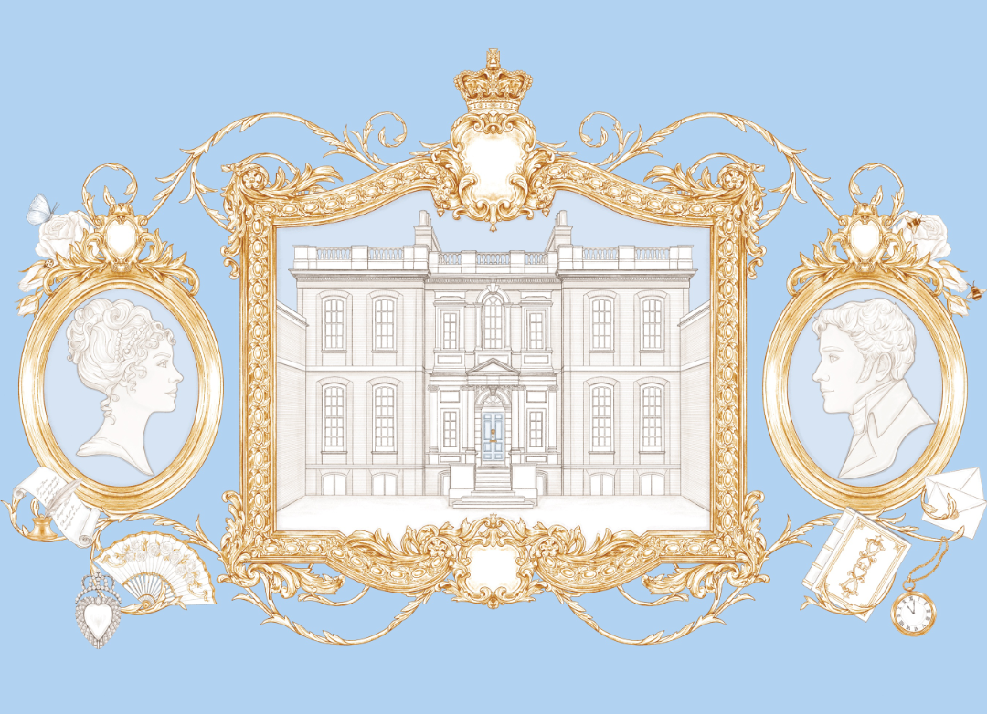 Decorative illustration collage with ornate frames, cameos and an architecture drawing of Ranger’s House illustration on a light blue background. Inspired by Wrest Park and Kenwood House at English Heritage.