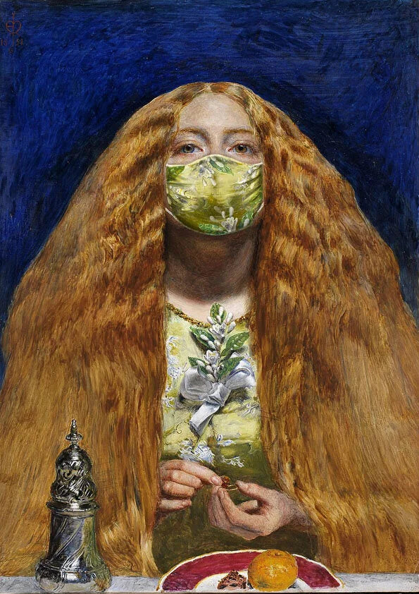 Millais’ The Bridesmaid painting reimagined with face mask during the Covid pandemic. Artistic depiction of a woman with long hair sitting at a table with a blue background.