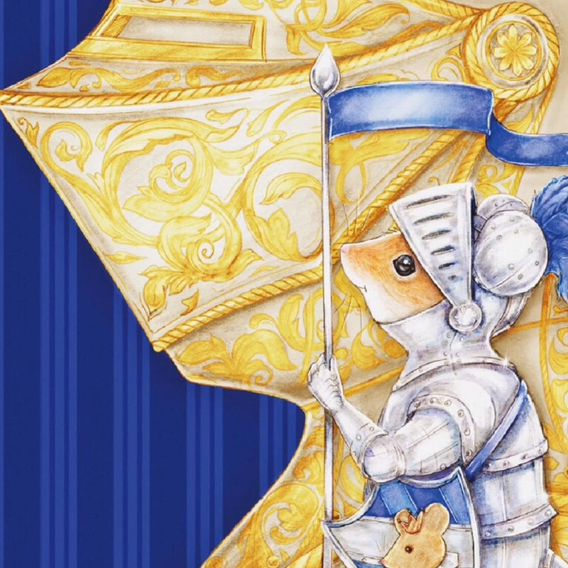 Illustration of a mouse in knight armour holding a flag on the shoulder of a knight in a museum with ornate gold armour. Set against a striped blue background.  