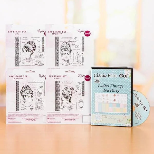 Stamp sets and a CD Rom titled 'Ladies Vintage Tea Party' on a light background