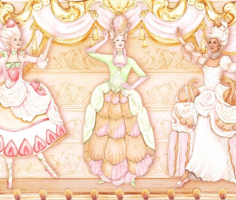 Decorative food illustration of three theatrical ladies wearing French cake and dessert inspired dresses against a ornate cake backdrop and stage 
