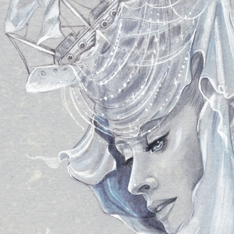 Artistic sketch of a woman's face with ship headpiece on a textured grey background