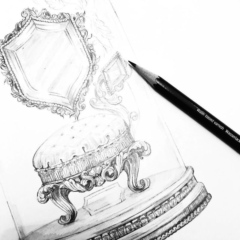 Detailed original pencil drawing of an ornate object on a white background with a pencil next to it.