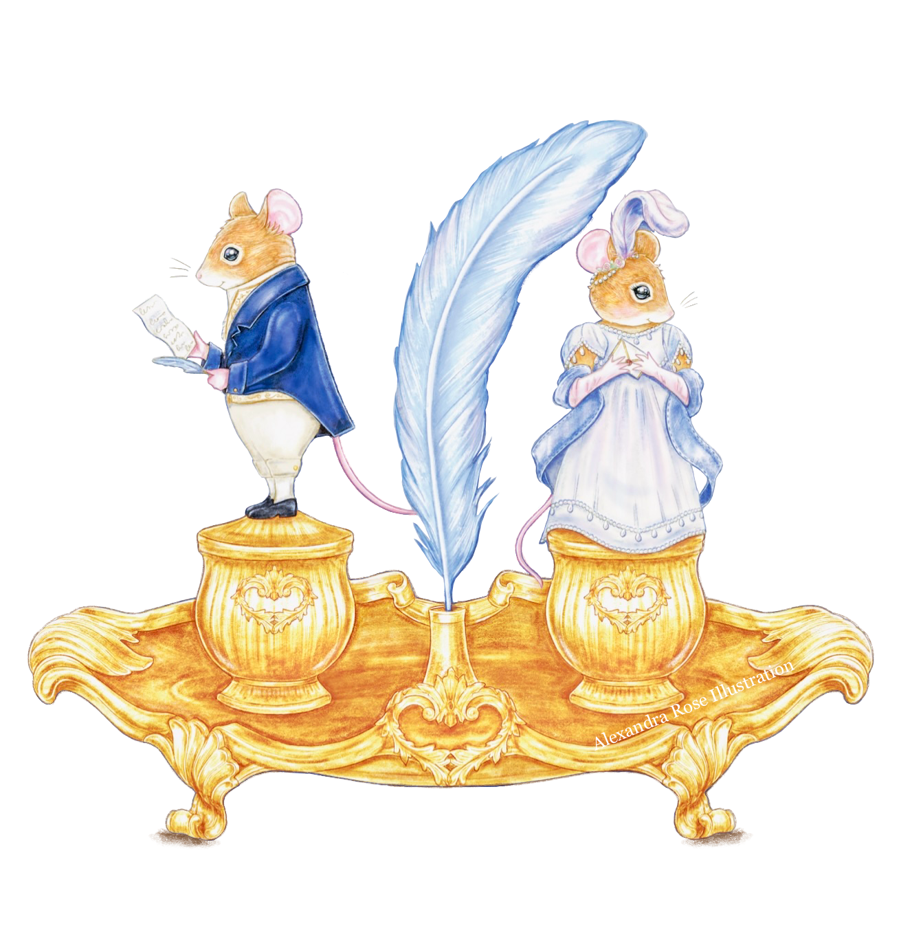 A whimsical illustration of two mice dressed in regency period attire, each standing on a gold inkwell. The gentleman mouse wears a blue jacket and holds a love letter he has written. Meanwhile the lady mouse (who stands the other side of the quill that divides them) wears a lilac dress with a lavender shawl, clasping an precious envelope close to her heart…

Inspired by the romantic Georgian era love stories from Jane Austen, Bridgerton etc 
