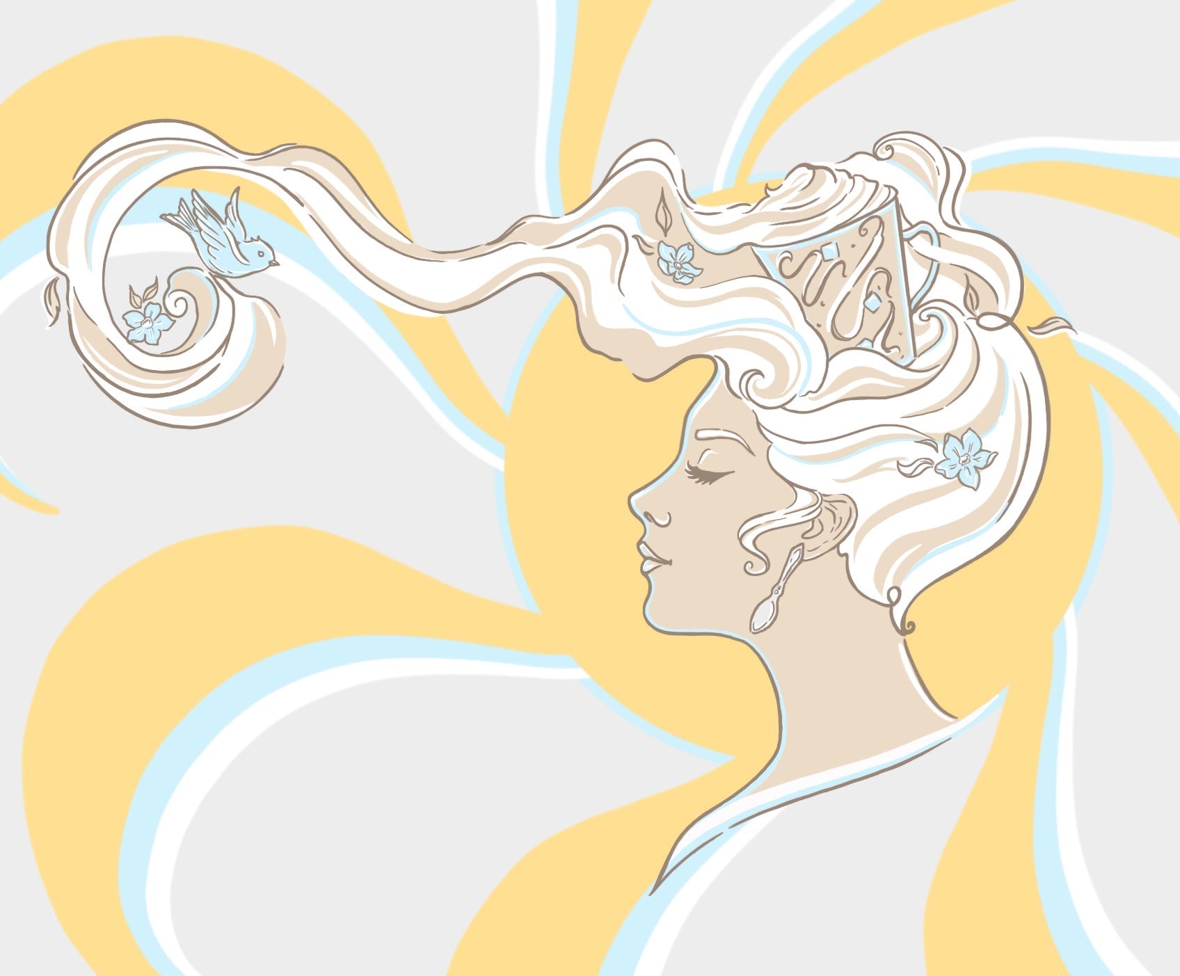 Illustration of a woman with hair made from swirling coffee and milk which has overflowed from the coffee cup fascinator on her head. A bird is perched on one of her curls, glancing towards her. There is a sun in the background radiating warmth to the piece. The colour palette consists mostly of yellow, blue, white and tan.

Entry for the Nescafé Azera By Design competition in 2025 by Alexandra Rose