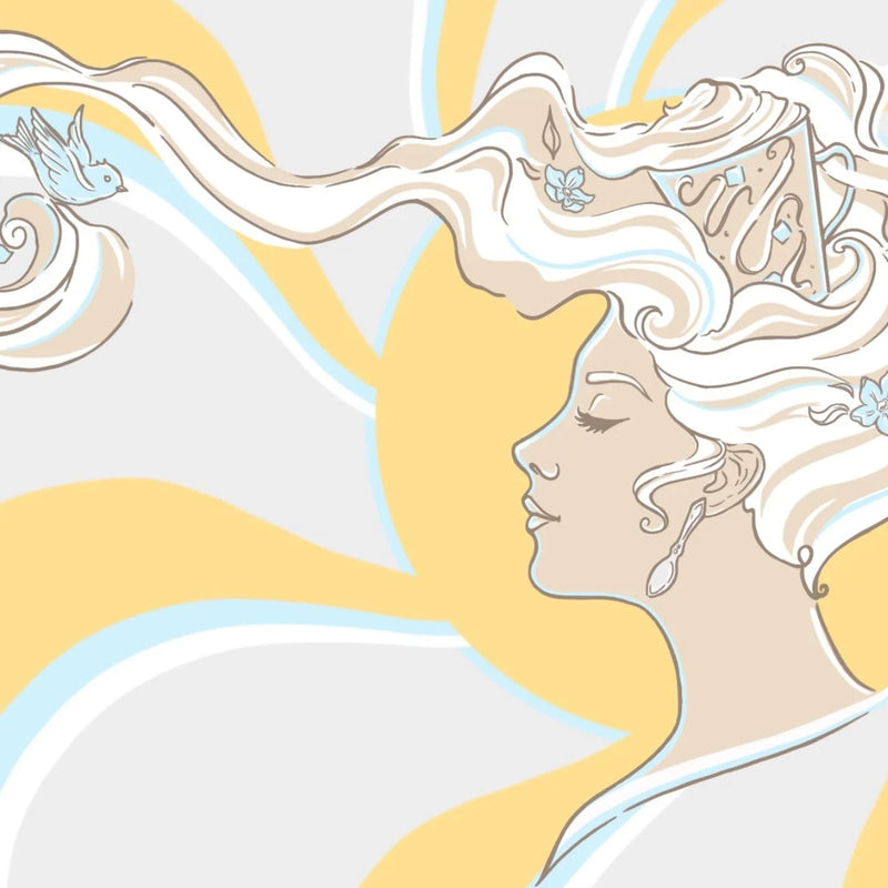 Artistic illustration of woman’s face profile, inspired by Art Nouveau. Overflowing cup of coffee on head has become swirling hair in the breeze against sunshine background. 