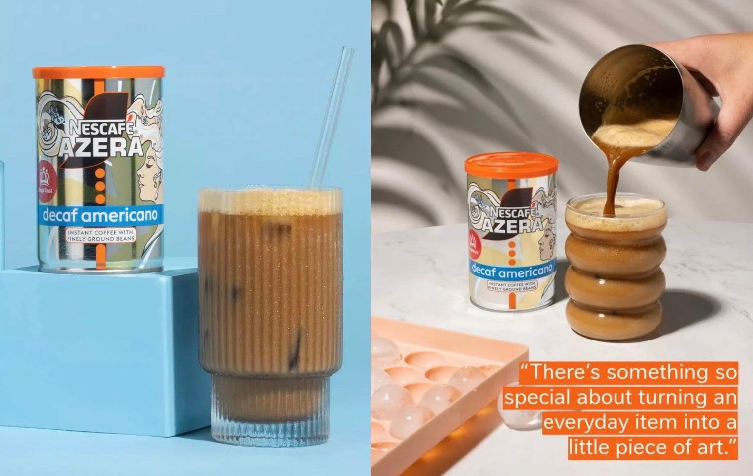 Lifestyle product photos of Nescafe Azera Limited Edition illustrated coffee can with a glass of iced coffee on a blue background and a hand pouring coffee into a glass.