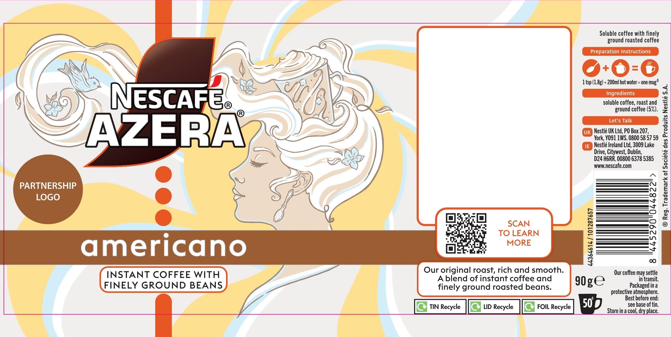 Limited Edition tin design for Nescafé Azera Decaf Americano coffee

Illustration of a woman with hair made from swirling coffee and milk which has overflowed from the coffee cup fascinator on her head. A bird is perched on one of her curls, glancing towards her. There is a sun in the background radiating warmth to the piece. The colour palette consists mostly of yellow, blue, white and tan.

Entry for the Nescafé Azera By Design competition in 2025 by Alexandra Rose