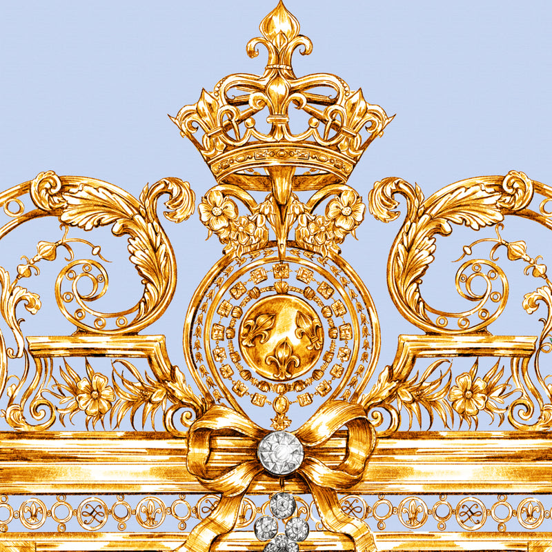 Decorative gold Versailles gate with intricate designs and a central diamond on a light lilac blue background